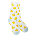 White cozy crew socks with yellow rubber duck print and blue heel and toe accents