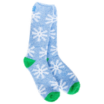 World's Softest Snowfall crew socks with blue background, white snowflakes, and bright green accents.