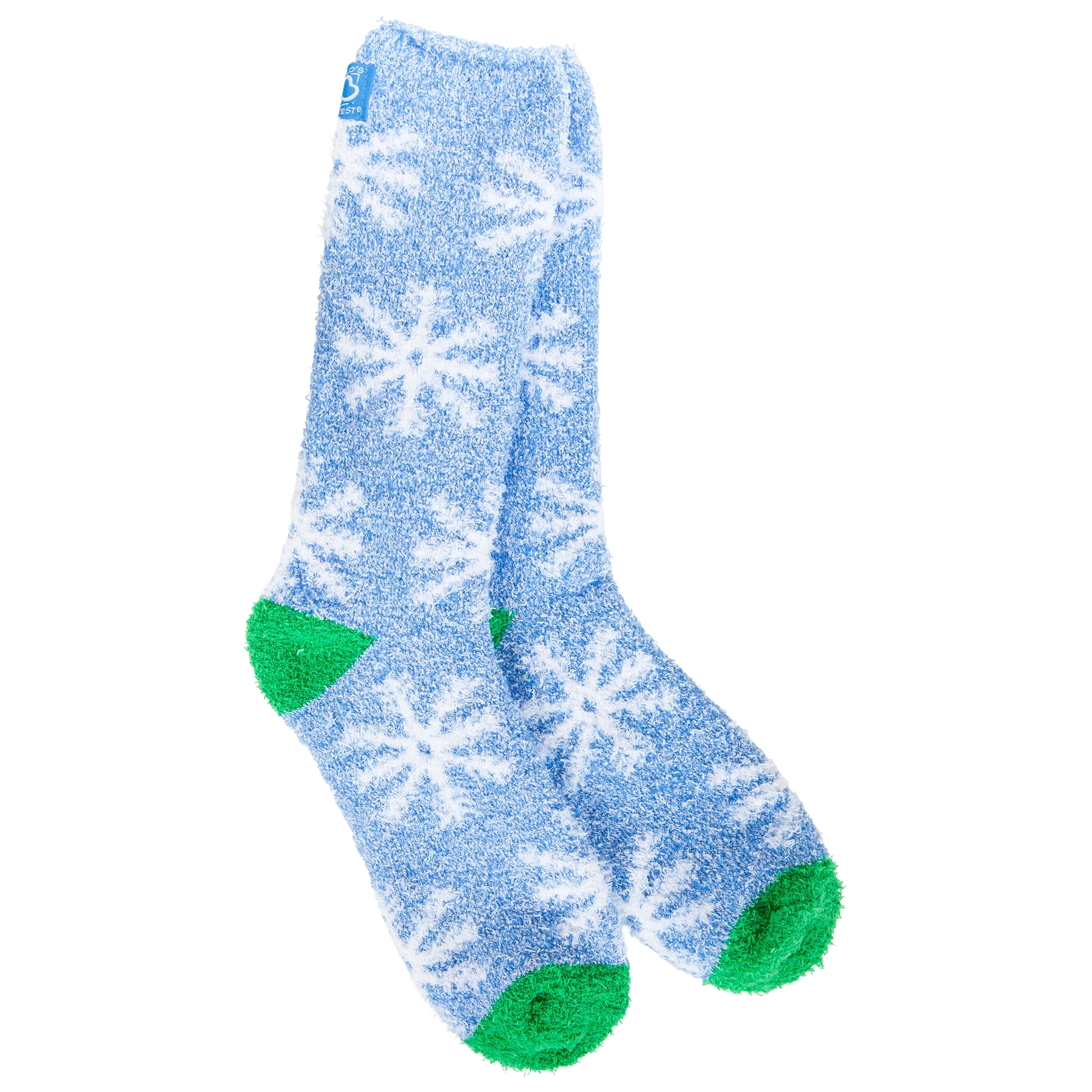 World's Softest Snowfall crew socks with blue background, white snowflakes, and bright green accents.