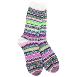 Worlds Softest Socks Botanical Nordic crew socks in purple, green, pink, and blue.