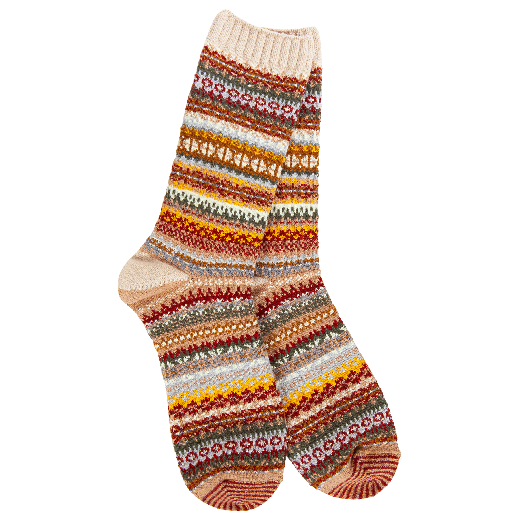 Cashew brown Nordic crew socks with geometric pattern