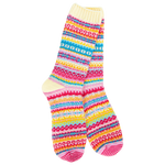 Colorful Fair Isle-inspired socks in pink, turquoise, yellow, red, and cream.