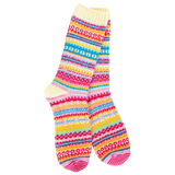 Colorful Fair Isle-inspired socks in pink, turquoise, yellow, red, and cream.
