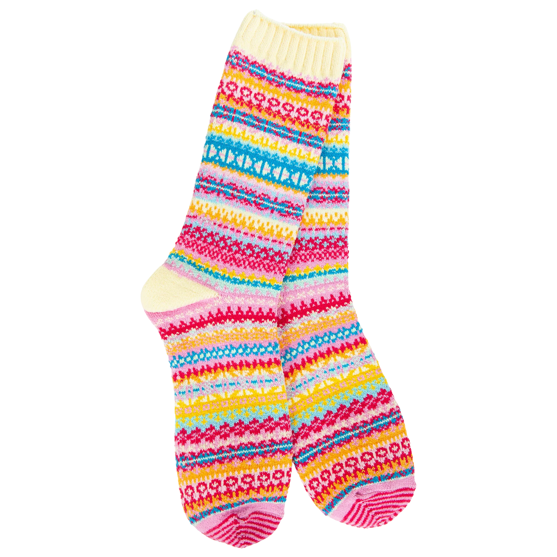 Colorful Fair Isle-inspired socks in pink, turquoise, yellow, red, and cream.