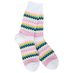 White cozy crew socks with colorful zigzag pattern in blue pink green navy and yellow