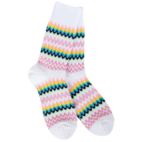 White cozy crew socks with colorful zigzag pattern in blue pink green navy and yellow
