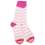 World's Softest Wild Strawberry crew socks with pink stripes and bold fuchsia cuff, heel, and toe.