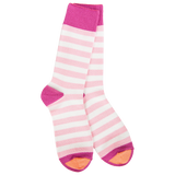 World's Softest Wild Strawberry crew socks with pink stripes and bold fuchsia cuff, heel, and toe.