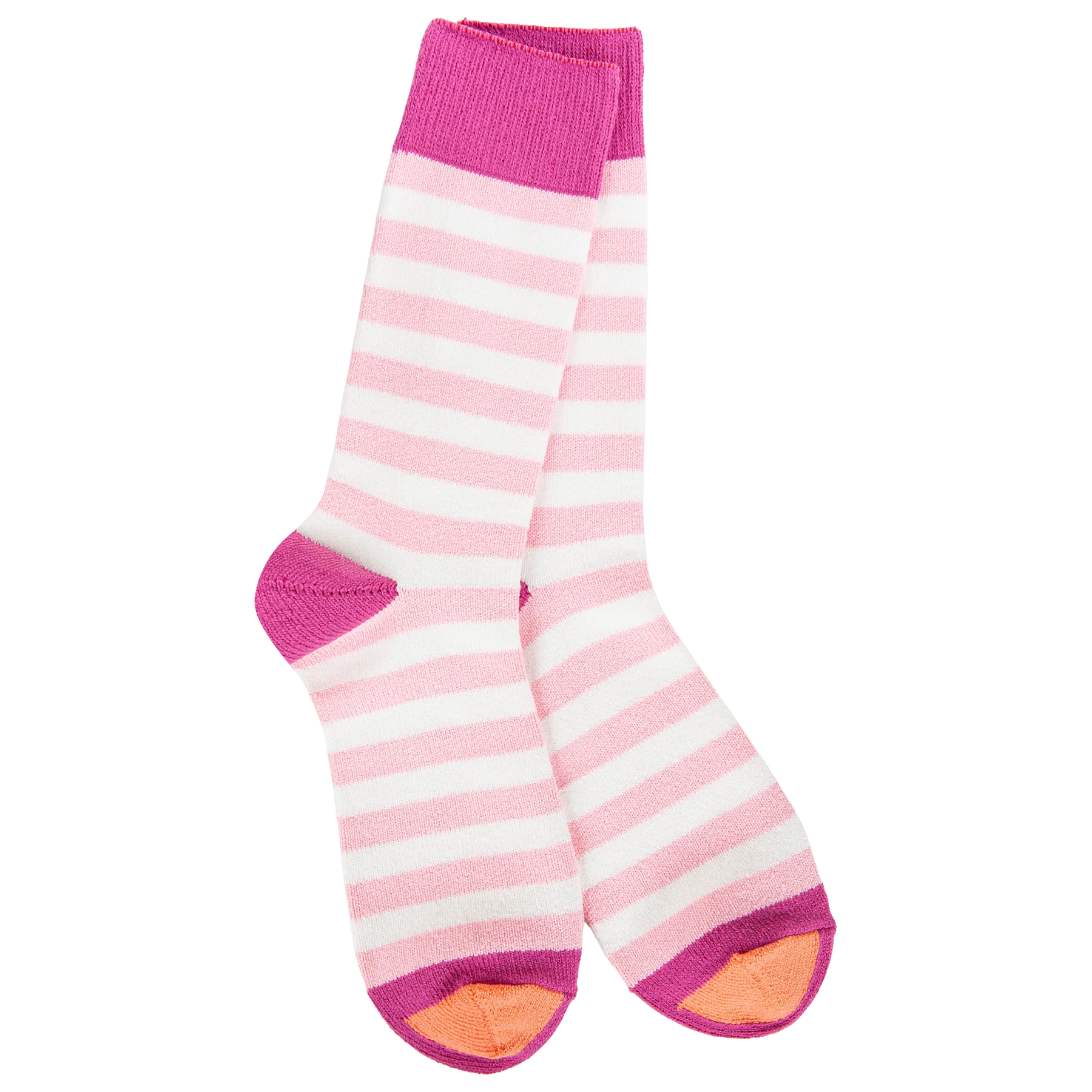 World's Softest Wild Strawberry crew socks with pink stripes and bold fuchsia cuff, heel, and toe.