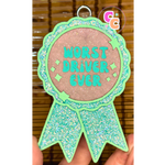 Worst Driver Ever freshie with decorative ribbon hanging car air freshener.