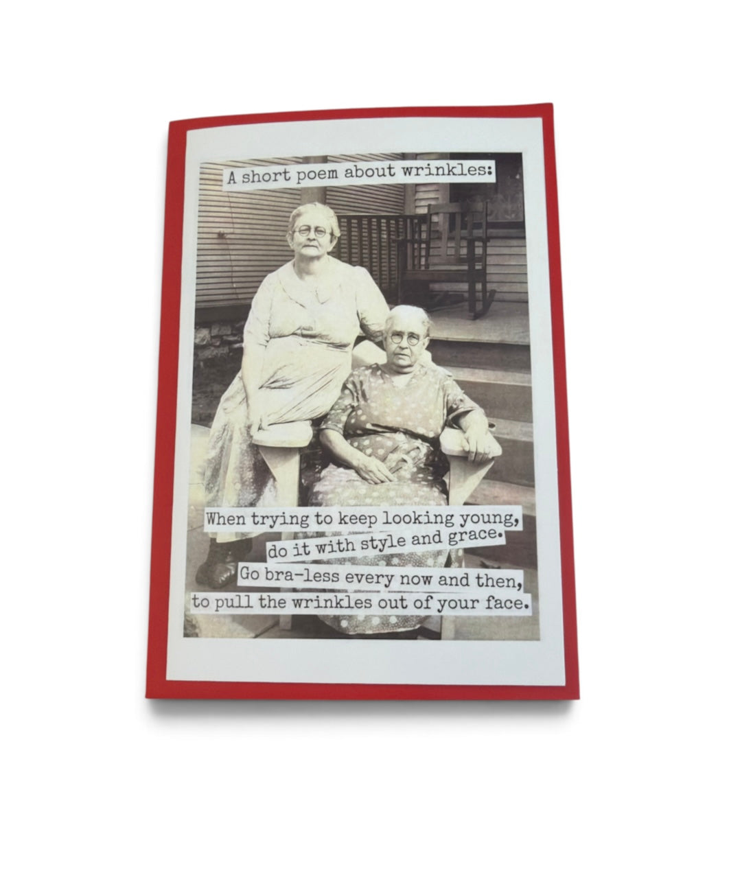 Funny birthday card with vintage photo and cheeky poem about aging and wrinkles.