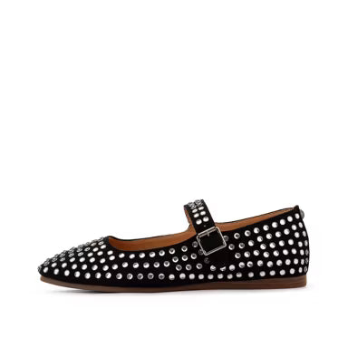 Black rhinestone Mary Jane flats with square toe and cushioned removable insole.
