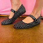 Black rhinestone Mary Jane flats with square toe and cushioned removable insole.