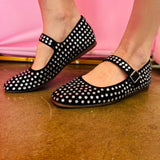 Black rhinestone Mary Jane flats with square toe and cushioned removable insole.