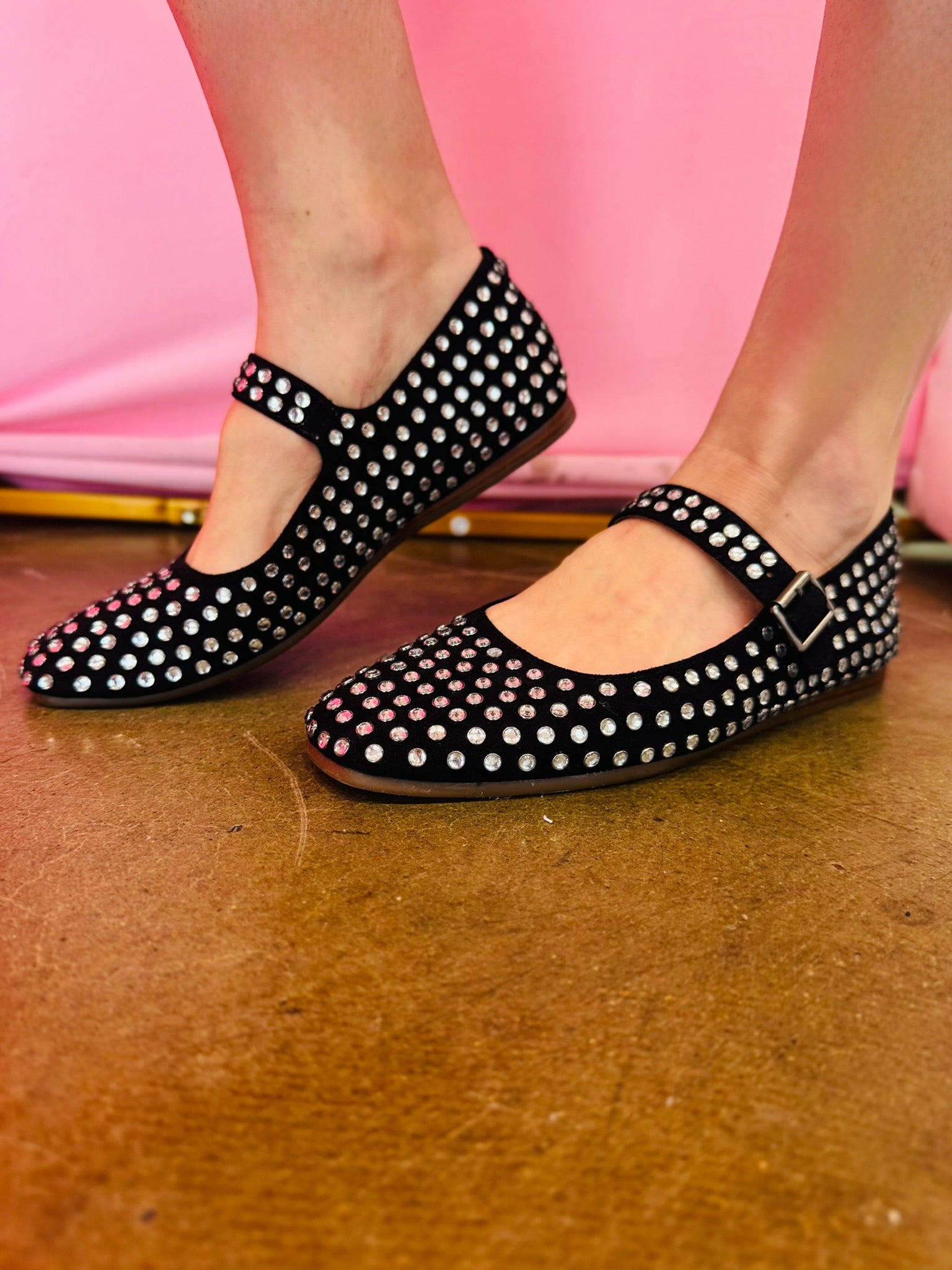 Black rhinestone Mary Jane flats with square toe and cushioned removable insole.