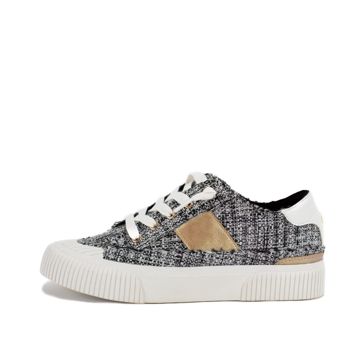 Black tweed sneakers with hidden wedge, side stripe, and memory foam insole.