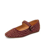 Burgundy rhinestone Mary Jane flats with square toe and cushioned removable insole.