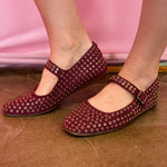 Burgundy rhinestone Mary Jane flats with square toe and cushioned removable insole.
