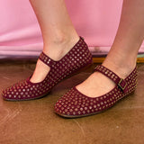 Burgundy rhinestone Mary Jane flats with square toe and cushioned removable insole.
