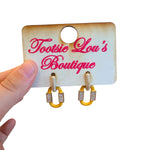Yellow enamel oval geometric earrings with gold-plated hoops and subtle rhinestone accents, lightweight and chic