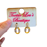 Yellow enamel oval geometric earrings with gold-plated hoops and subtle rhinestone accents, lightweight and chic