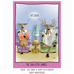 Funny anniversary card with two deer reading newspapers and “Yes Deer” joke on front.