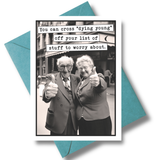 Funny card with older couple giving thumbs up and dying young joke.