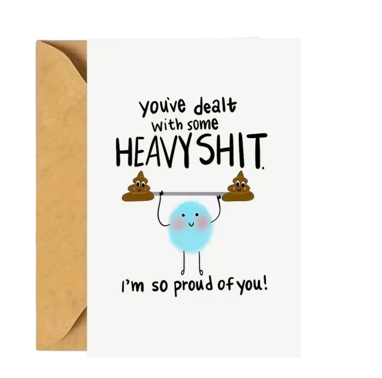 White encouragement card with proud of you message and beige envelope.