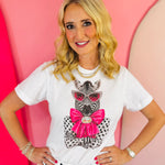 White tee with zebra graphic, rhinestones, and hot pink satin bow.