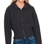 Black ribbed collared zip-up sweater with two-way zipper and soft textured knit.