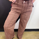 Zenana rum brown high-rise wide leg jeans with front pintuck seam detailing.