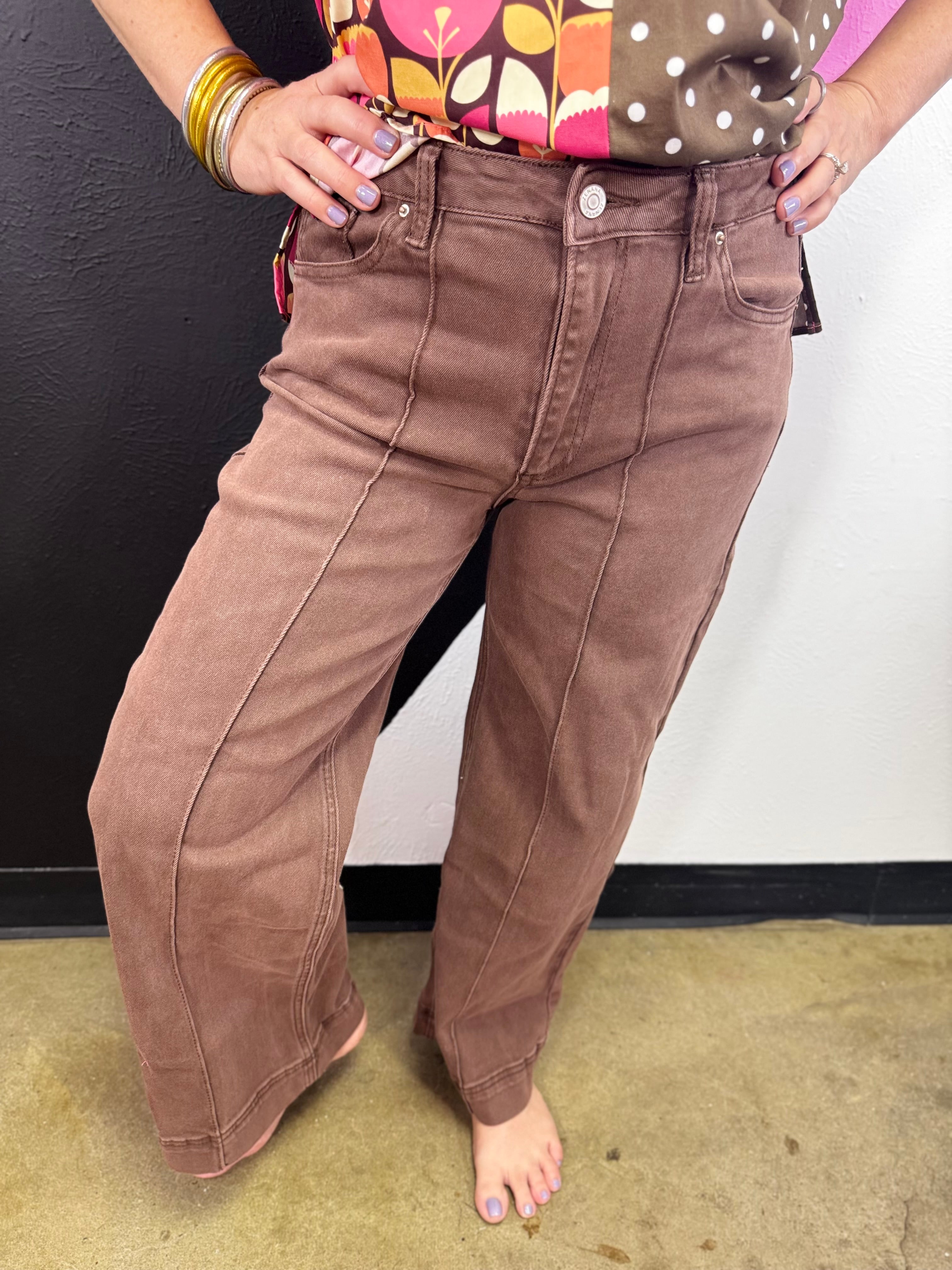 Zenana rum brown high-rise wide leg jeans with front pintuck seam detailing.