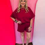 Cabernet ribbed tee and shorts matching set with relaxed fit.