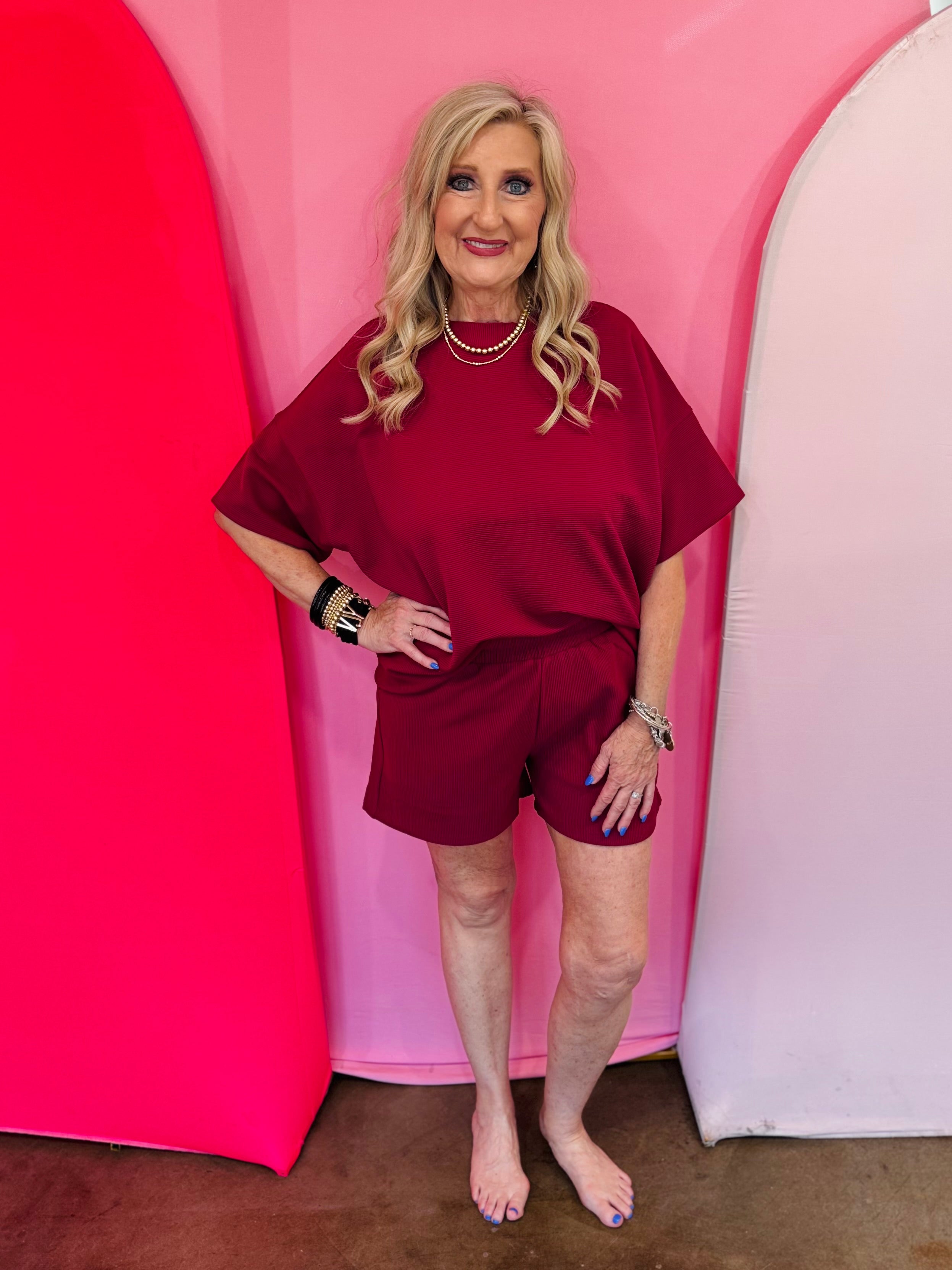 Cabernet ribbed tee and shorts matching set with relaxed fit.