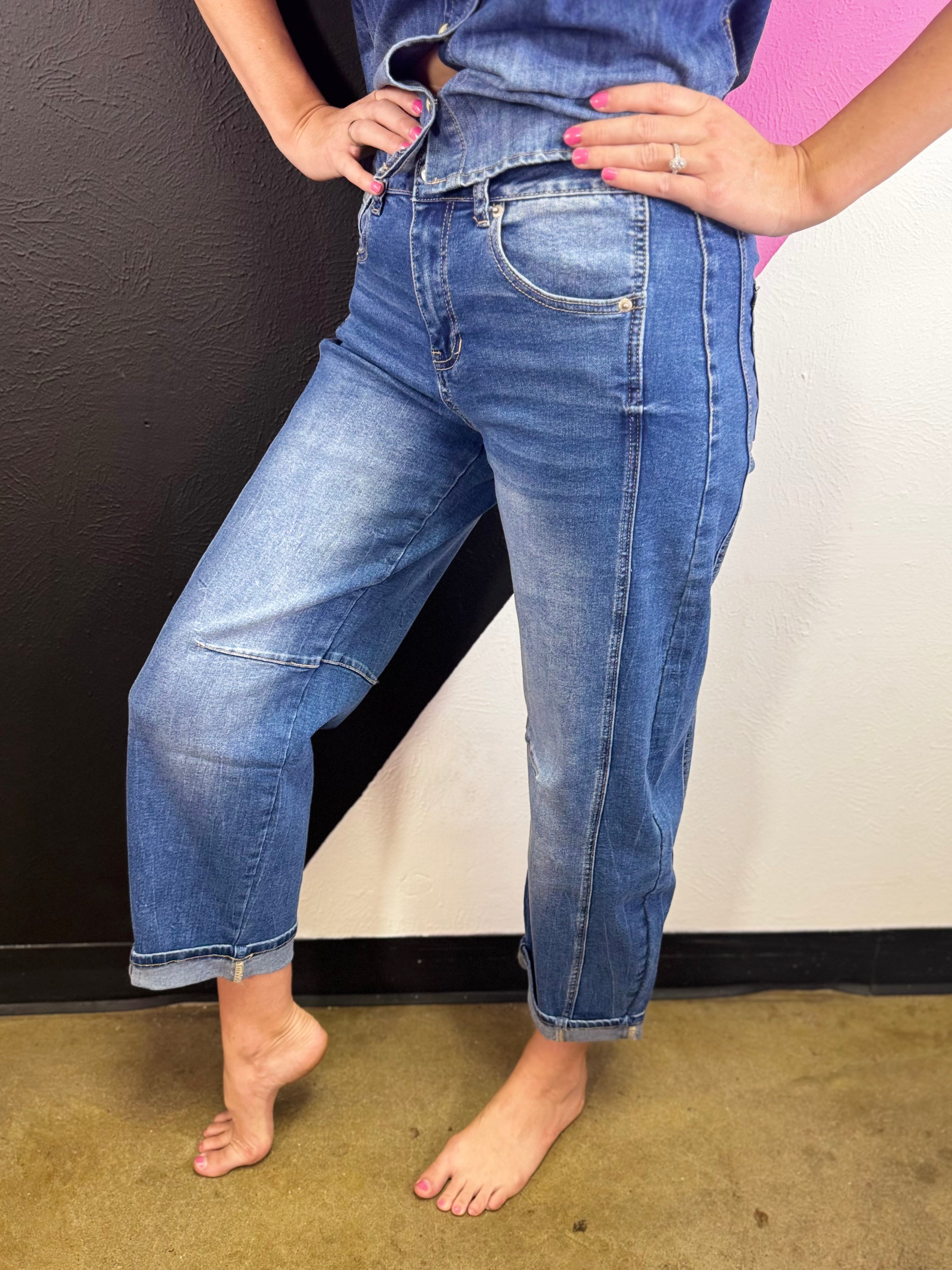 Zenana medium blue cropped barrel jeans with subtle fading and cuffed hem
