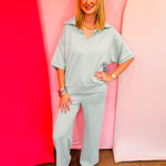Dusty green scuba matching set with collared short sleeve top and center seam pants.
