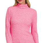 Fuchsia ribbed mock neck long sleeve top with fitted silhouette and soft stretchy knit.