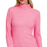 Fuchsia ribbed mock neck long sleeve top with fitted silhouette and soft stretchy knit.