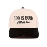 Zenana White crown and black bill trucker hat with black embroidered “God Is Good All The Time.”