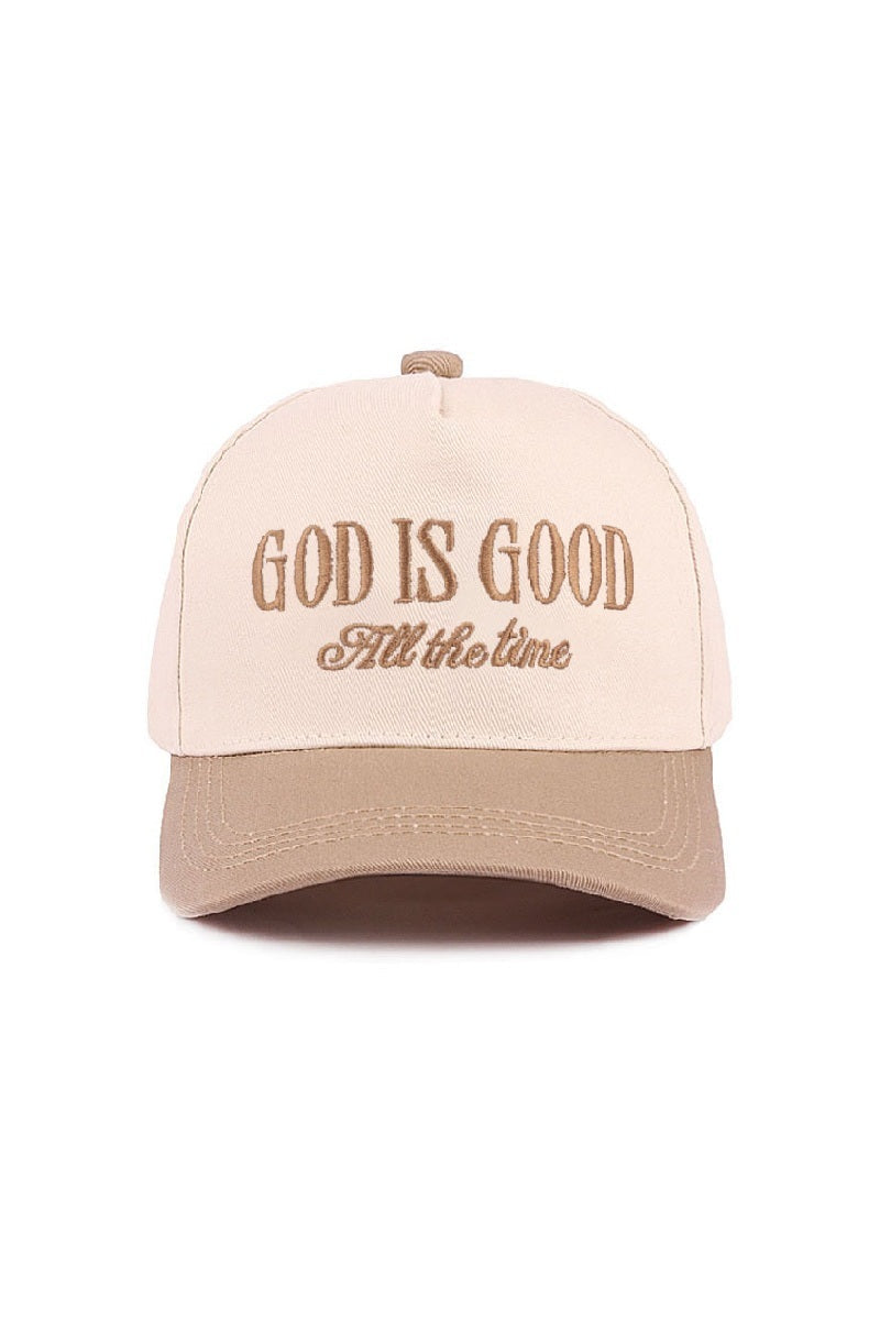 Zenana Two-tone ash-mocha trucker hat with embroidered “God Is Good All The Time” lettering.