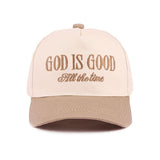Zenana Two-tone ash-mocha trucker hat with embroidered “God Is Good All The Time” lettering.