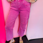 Hot pink barrel leg denim pants with relaxed fit and stretch fabric