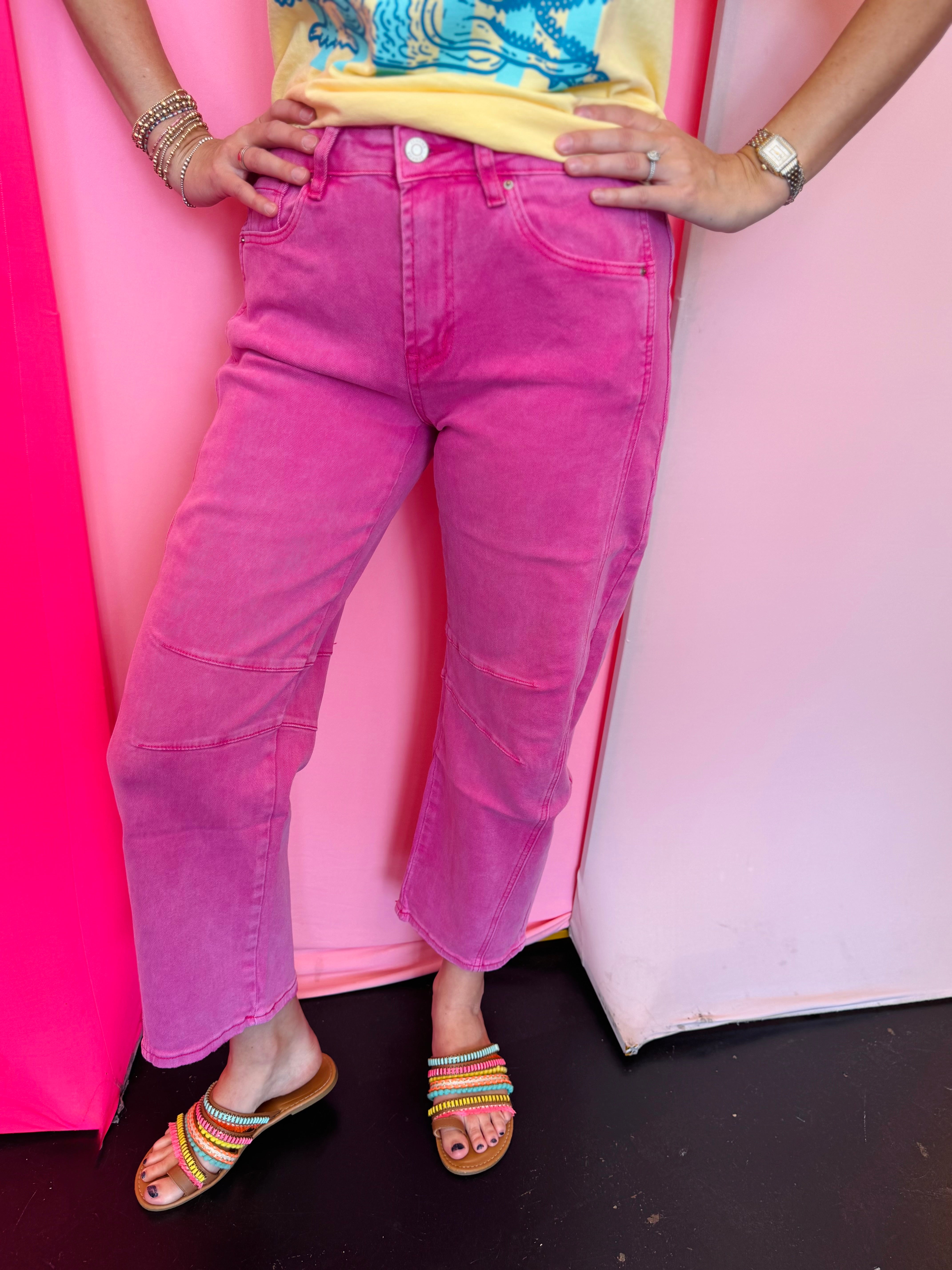 Hot pink barrel leg denim pants with relaxed fit and stretch fabric