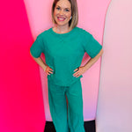 Kelly green tee pant set with wide leg pants and relaxed short sleeve top