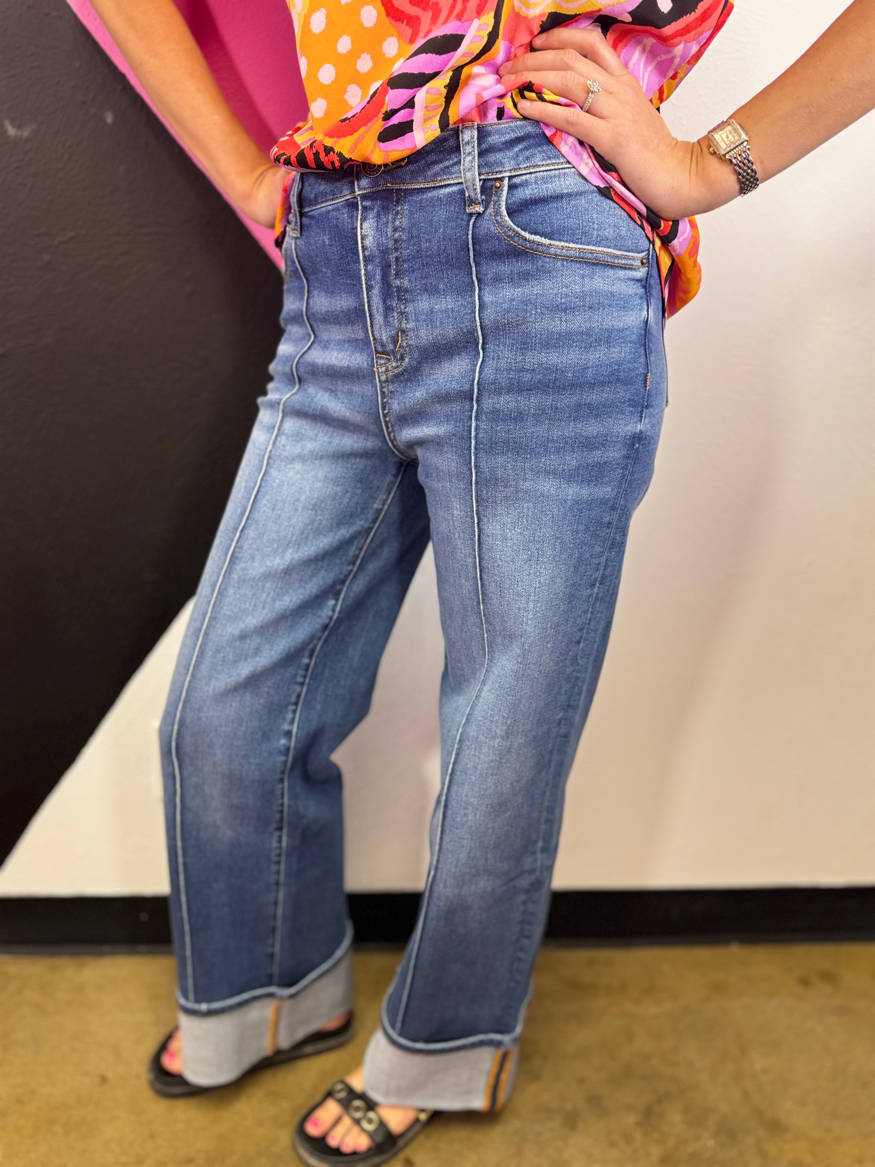 Zenana wide leg jeans with front pintuck seams and statement cuffed hems.