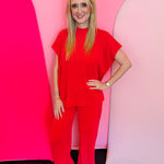 Red ribbed short sleeve top and wide leg pants matching set.