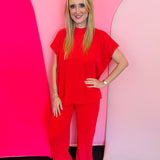 Red ribbed short sleeve top and wide leg pants matching set.