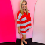 Red striped half zip top and shorts set with relaxed fit and elastic waistband