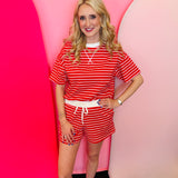 Red striped matching shorts set with round neck tee and pocket shorts