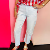 White barrel leg denim pants with relaxed fit and stretch fabric